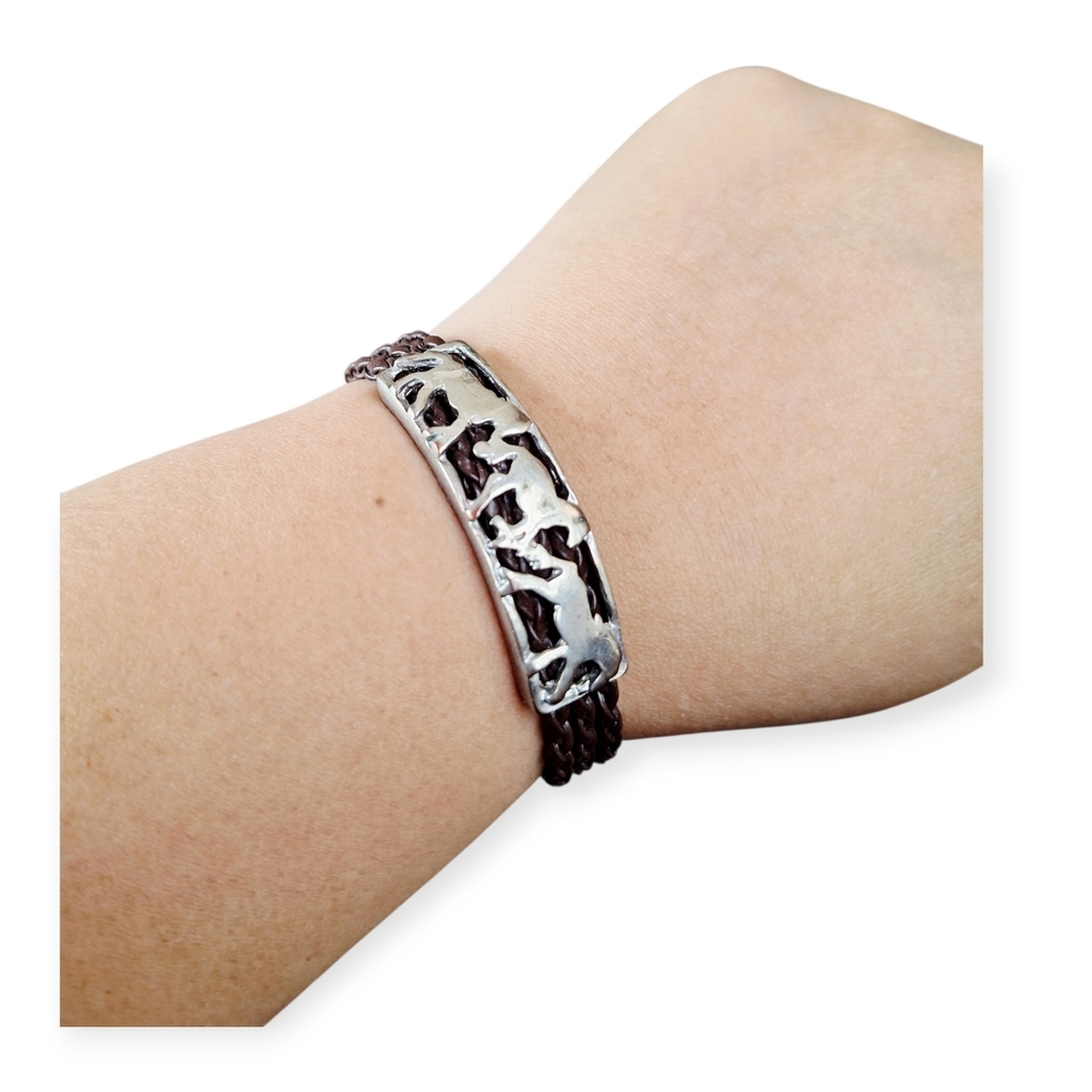 Women's Silver & Brown Leather Horse Bracelet